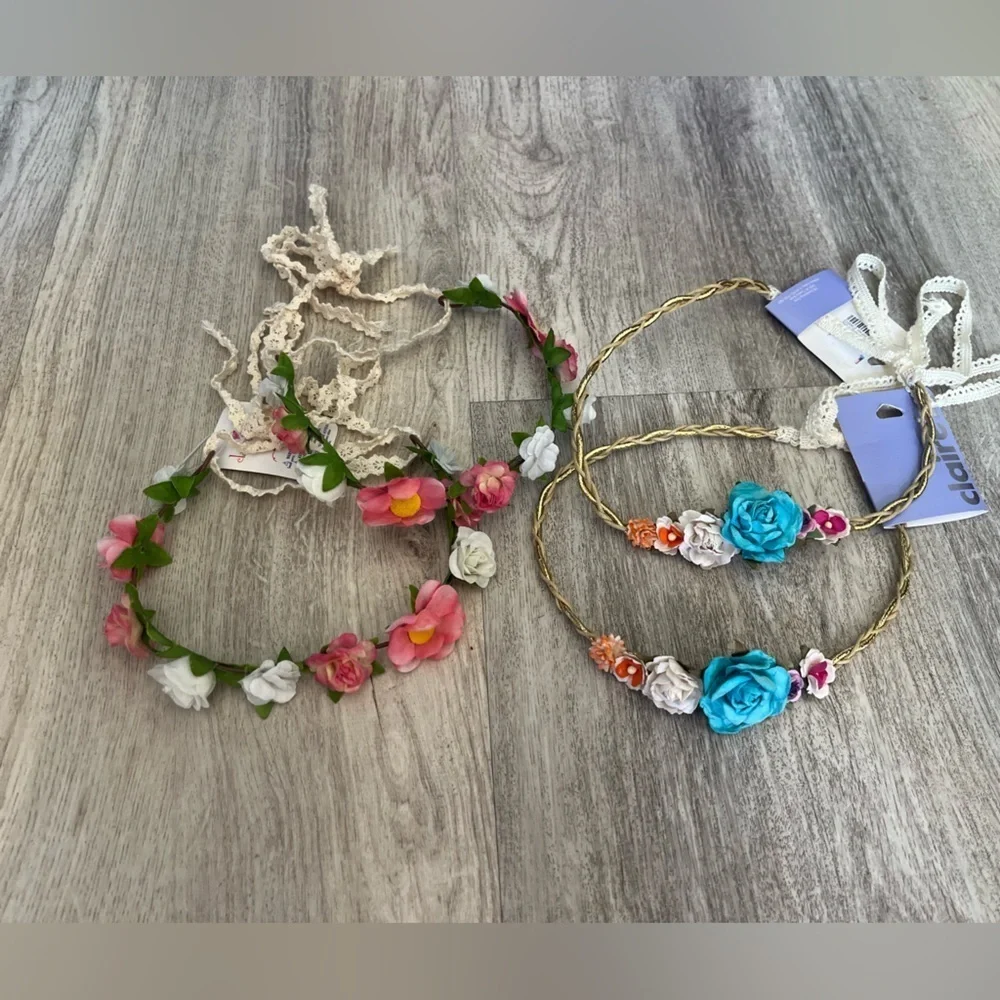 NWT Claire’s Dainty Floral Headband Crowns with Flowers and lace ribbon closure